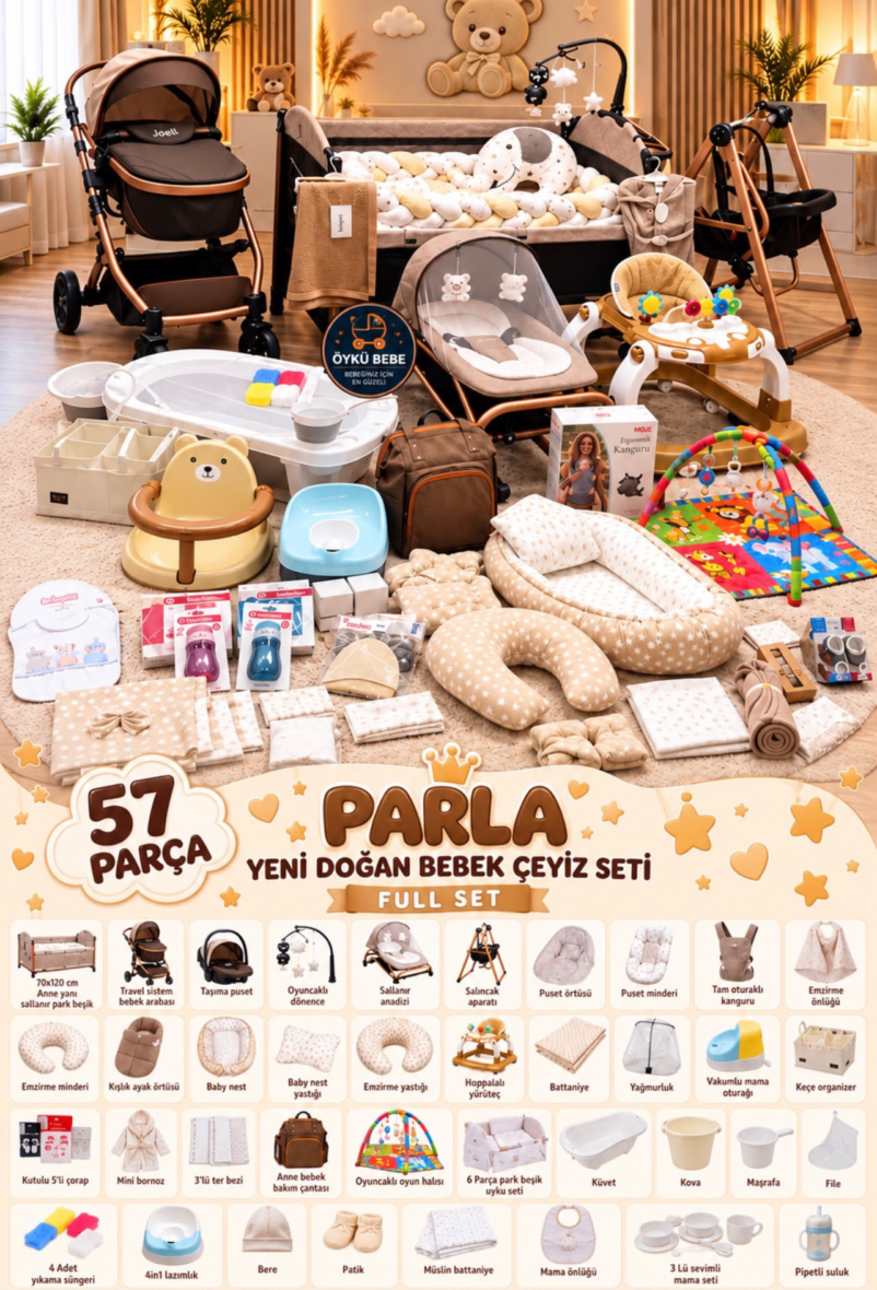 57 Parça Parla Yeni Doğan Bebek Çeyiz Seti Full Set ( Bebeğiniz İçin Gerekli Olan Her Şey)